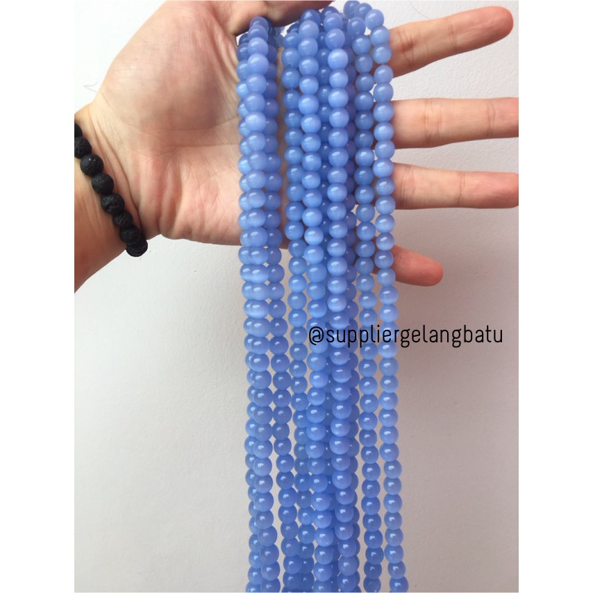 batu renceng kalung Gelang blue cat eye 8mm mata kucing biru bahan craft alam unisex pria wanita