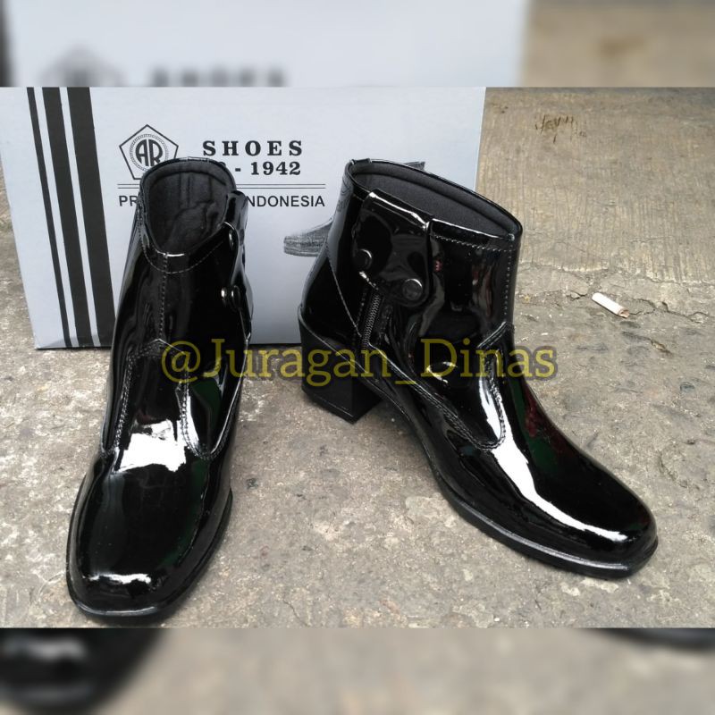 SEPATU PDH PDL WANITA ANKLE BOOTS POLWAN SECWAN HITAM GLOSY MERK AR EXCLUSIVE ASLI KULIT ORIGINAL