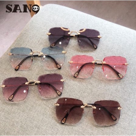Kacamata Fashion Wanita Gaya Korea Frameless Kacamata Hitam Bulat Sunglasses Women Anti Silau UV ORI