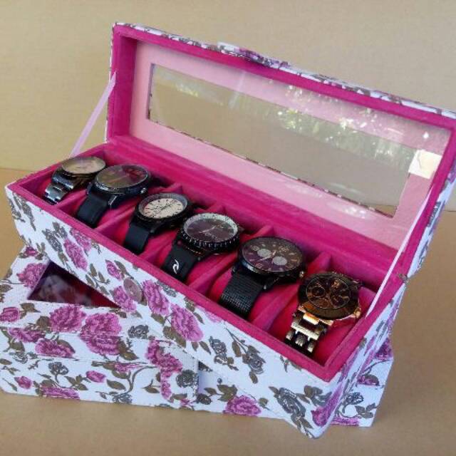 Watch Box Organizer Box Jam Tangan isi 6 Motif BUNGA PINK / Kotak  Tempat Jam Tangan