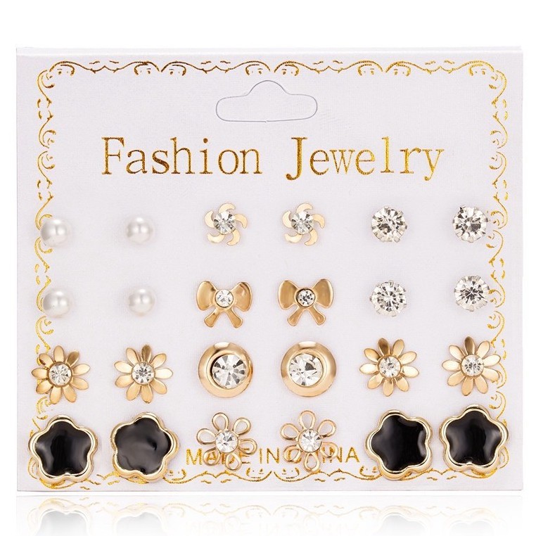 ⭐COD 12 Pasang Anting Set Tusuk Model Mutiara Intan Bentuk Bulat Gaya Korea Untuk Wanita Dalika-A