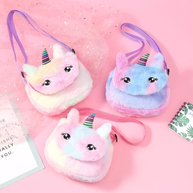 tas selempang bulu unicorn anak uk  20 x 15 cm tas import anak perempuan