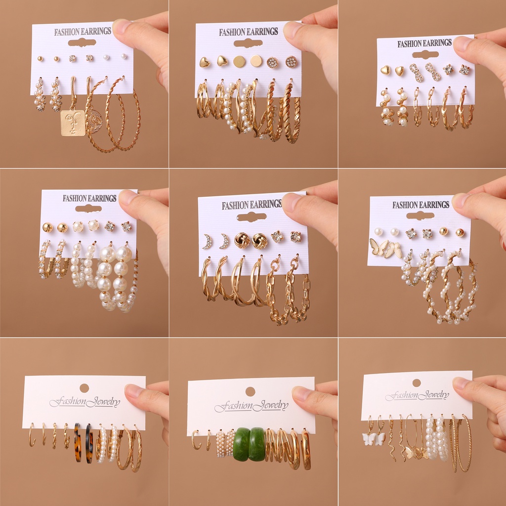 12pcs/ set Vintage Exaggerated Big Butterfly Pearl Dangle Earrings Set For Women Crystal Metal Stud Earrings Circle Earrings Wedding Jewelry Gift