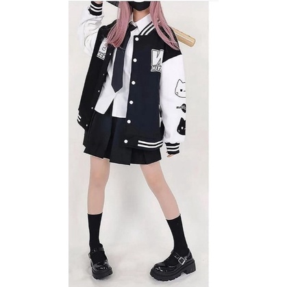 BLACK WHITE Baseball Varcity Jacket Oversize Wanita Sweater Berkancing Outfit Kece Kekinian Korean Style