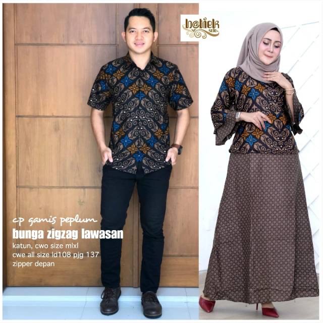 Couple Gamis Peplum Bunga Zigzag Lawasan Batik Marini Long Maxi Muslim Pesta Seragaman Sarimbit