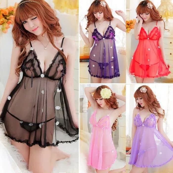 ready setelan lingerie sexy bunga babydoll dengan g string