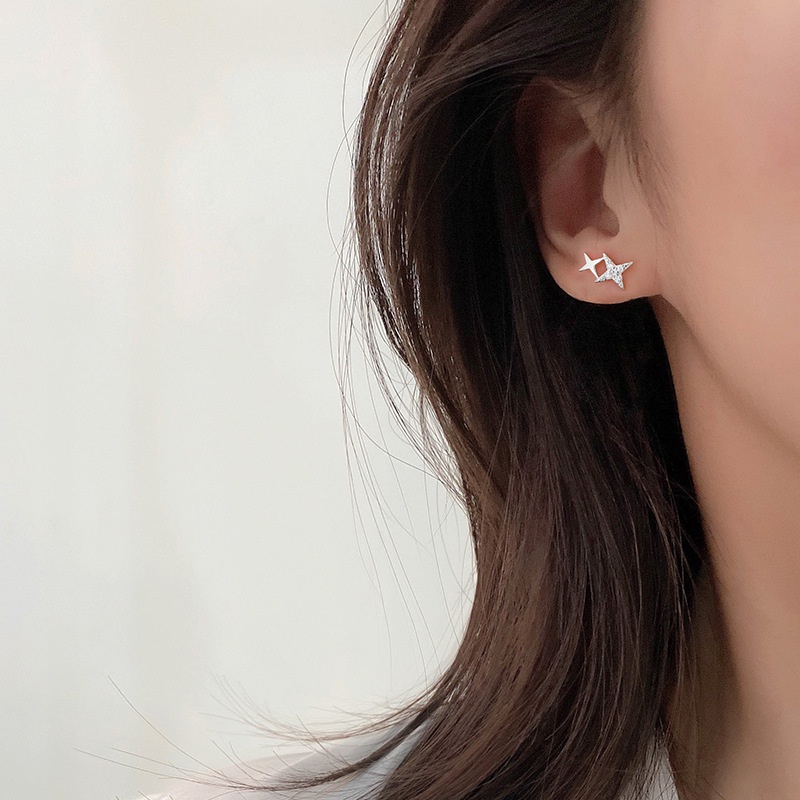 Magic789 Anting Tusuk Sterling Silver 925 Model Salib / Bintang Hias Kristal CZ Berkilau Ala Korea Untuk Wanita