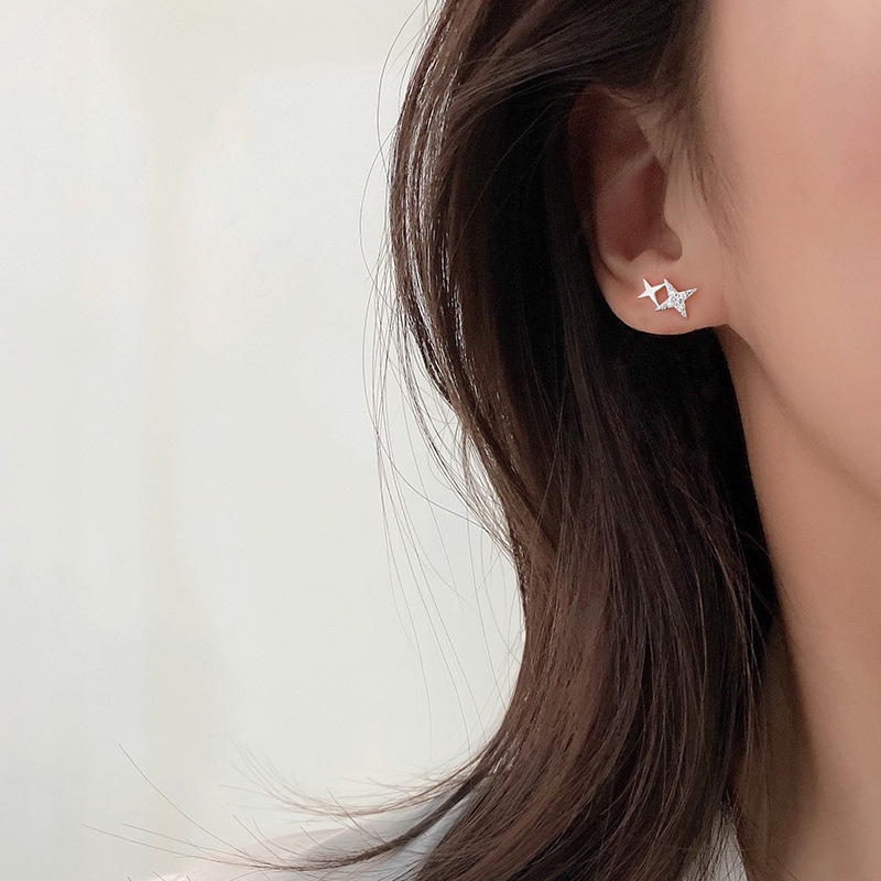 Roselife S925 Perak Bersinar Kristal Salib Double Star Stud Earrings Untuk Wanita Perempuan Korea CZ Telinga Perhiasan 1pasang