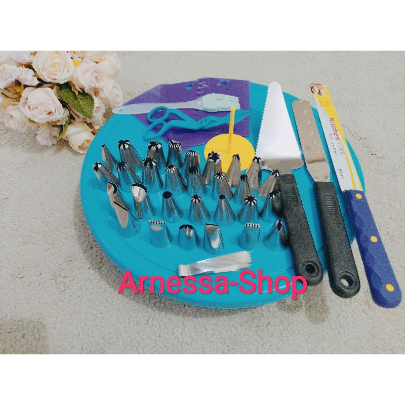 Paket dekorasi Hemat kue tart pisau roti scrapper spuit paku mawar meja putar alas adonan 1m sagu 6b