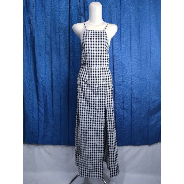 Preloved Long Dress Overall Tartan hitam putih premium murah