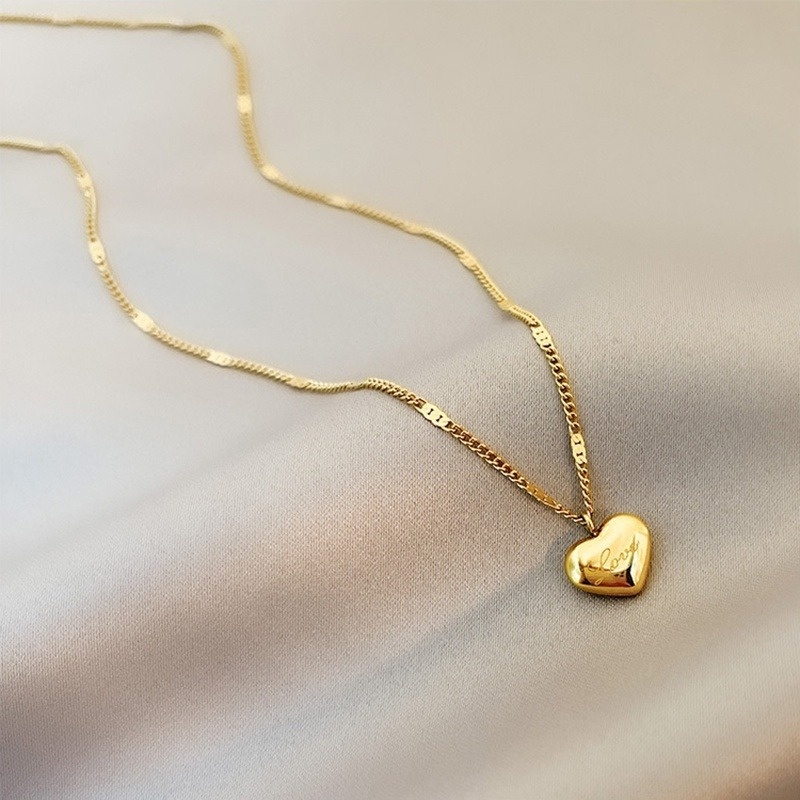 Kalung Rantai Liontin Hati Bahan Stainless Steel Warna Emas Untuk Pasangan