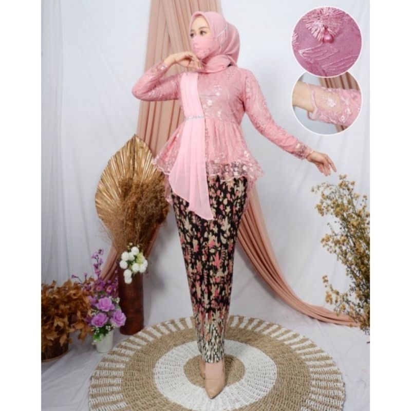 IndahKebaya | SET PAKAIAN KEBAYA SELENDANG MUSLIMAH TILLE MODERN / OUTFIT BAJU KAMEN KONDANGAN / WISUDA / ADA WARNALILAC TOSCA DUSTY ROSEGOLD WARDAH MOCCA GOLD NAVY MAROON SILVER CREAM NUDE