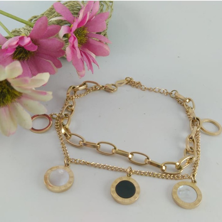 Gelang BVLGARI Romawi Rantai Titanium Terbaru Terlaris Gold & Ros Gold - GBR00002