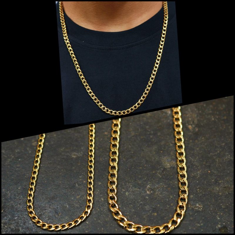Kalung Titanium Anti Karat Pria Wanita Gold Emas Keren Model rantai pipih / Kalung aksesoris leher