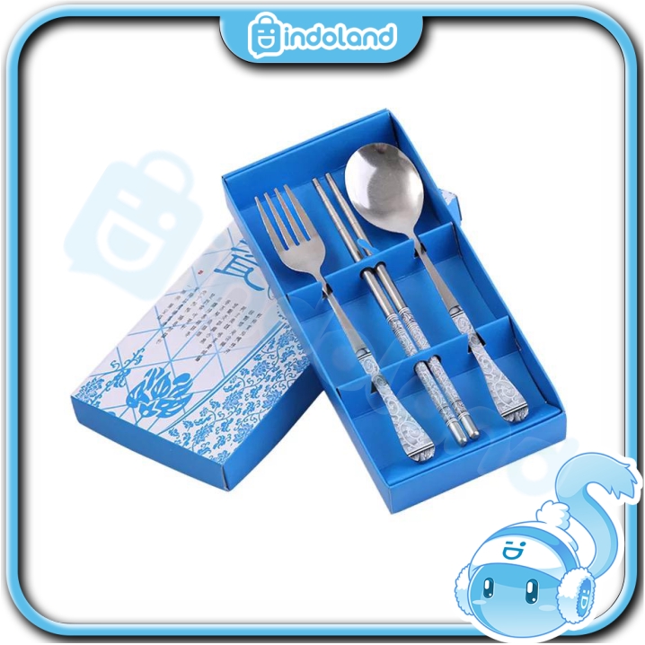 ☀ INDOLAND ☀ R050 Sendok Garpu Sumpit Set 3 in 1 Stainless Steel Souvenir Nikah Kado Alat Makan