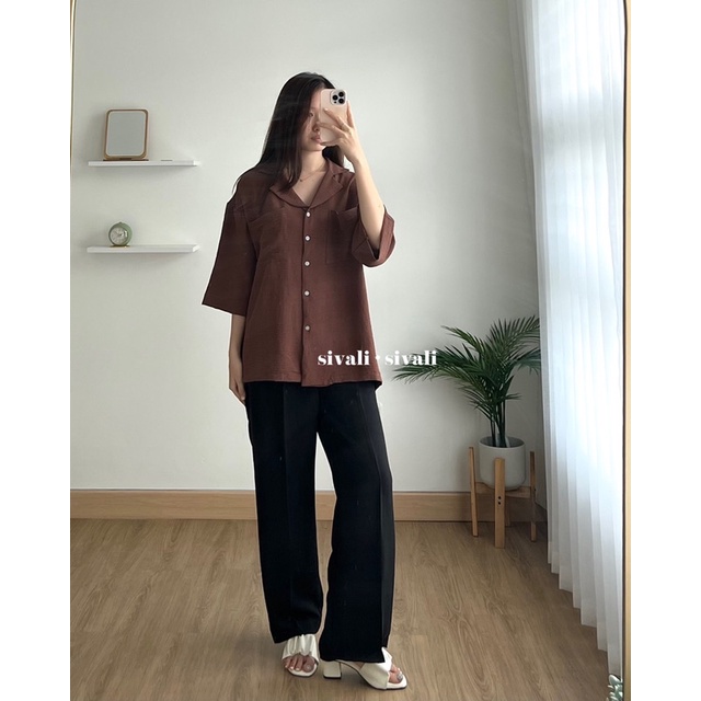 SIVALI Saff Top | Kemeja Loose Crinkle Double Pocket - Oversized Loose Shirt - Atasan Wanita