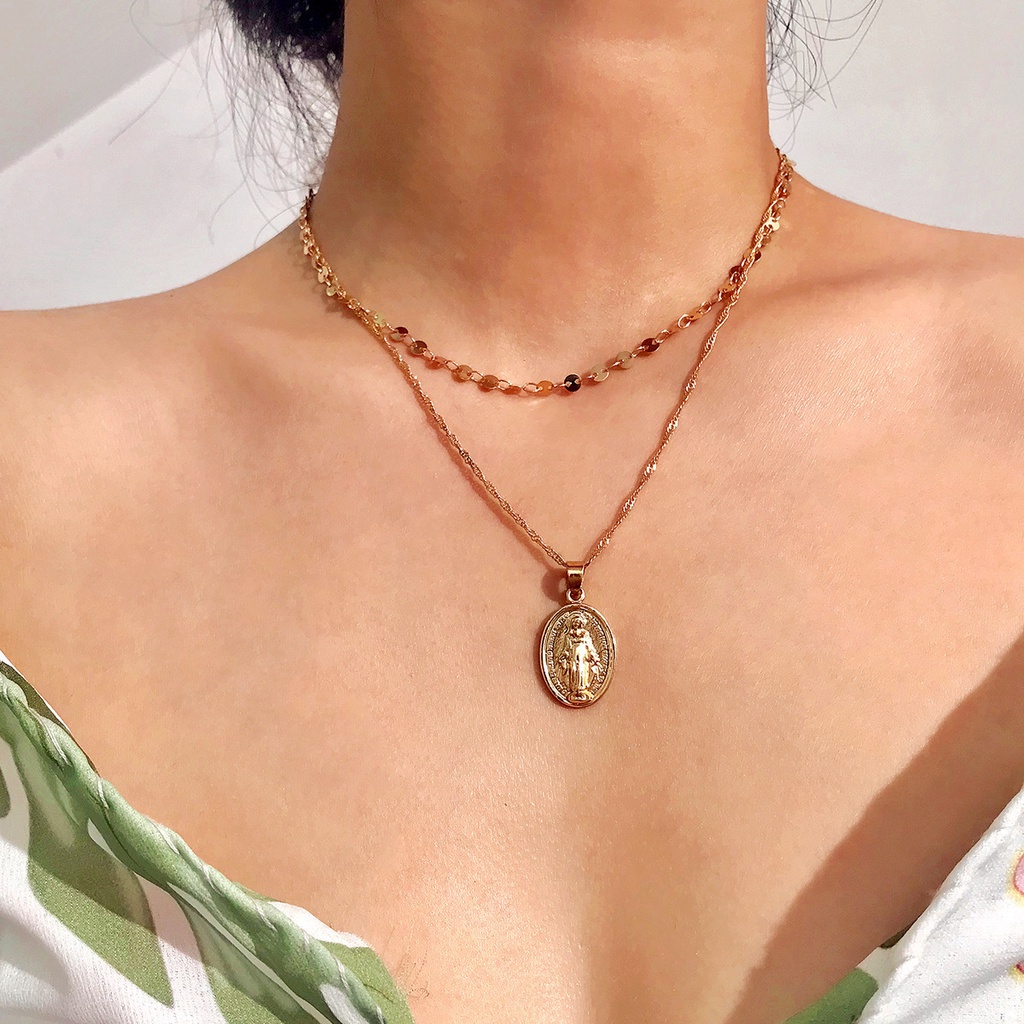 Kalung Multilayer Dengan Liontin Kepala Madonna Gaya Vintage Untuk Wanita