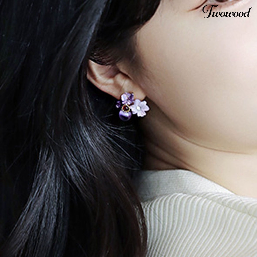 Twowood 1 Pair Exquisite Charming Women Earrings Gift Rhinestone Purple Flower Stud Earrings Jewelry Accessory