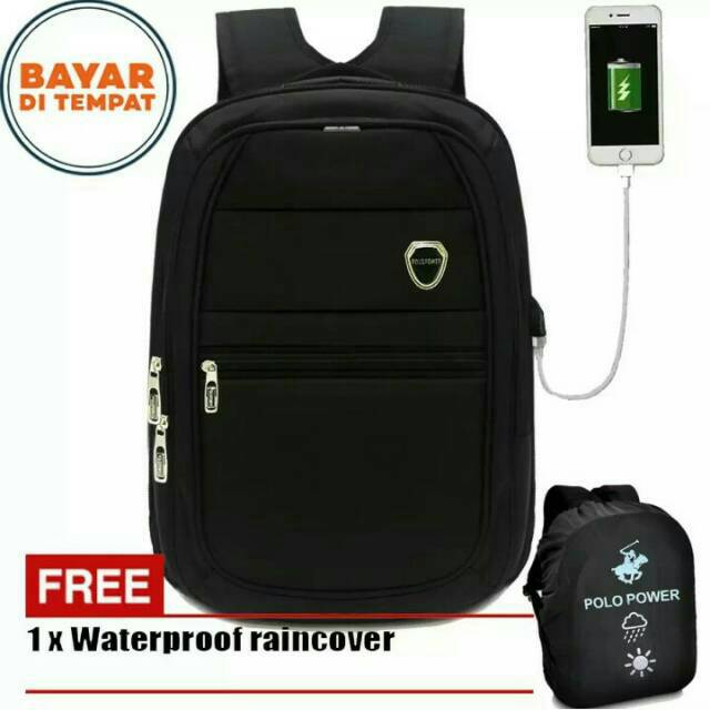 polo power usb 1862P tas laptop pria tas punggung bacpack free rain cover waterproof