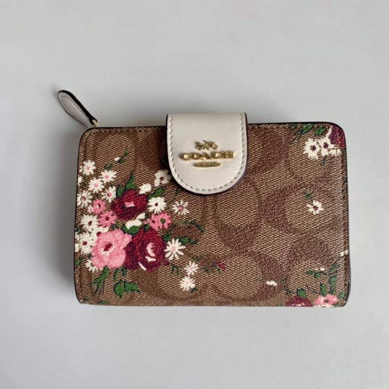 Coach Medium Corner Zip Wallet In Signature Canvas Brown Flower (3773)