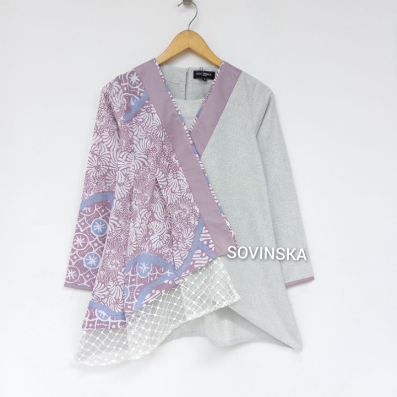 Atasan Batik Kombinasi WP 141 Ungu  Baju wanita baju kerja lengan panjang batik modern by Sovinska
