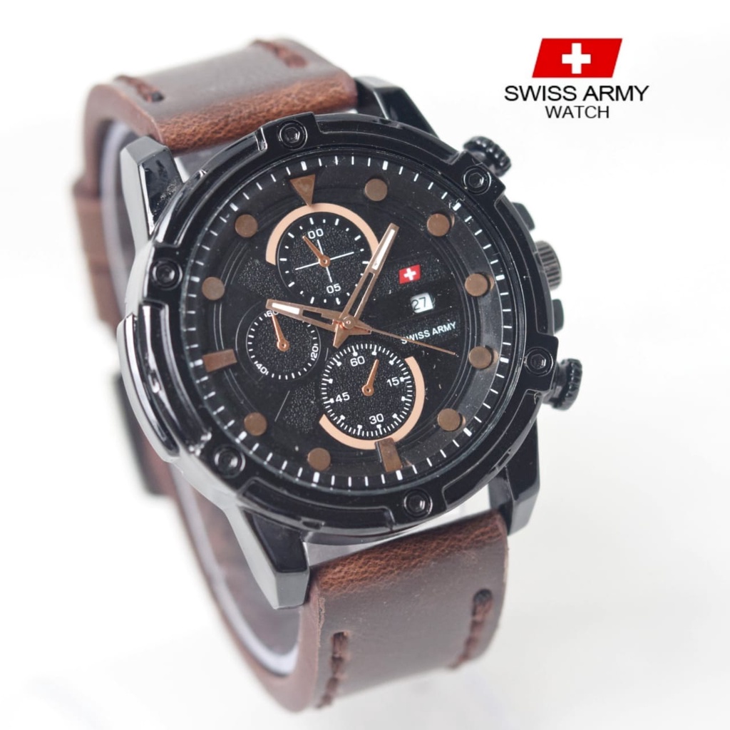 COD Jam Tangan Pria Swiss Armi Tali kulit Body Bulat Tipis Chrono Variasi Tanggal Aktif