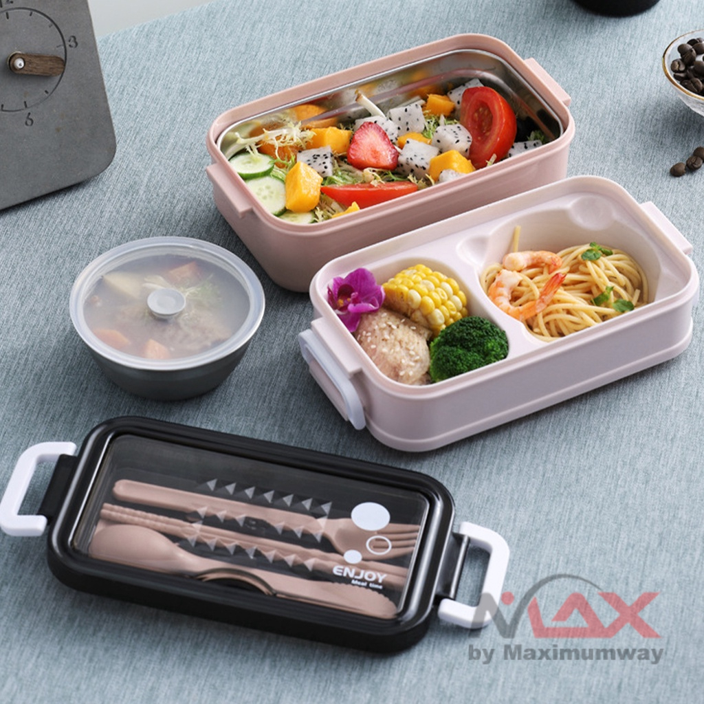 Kotak bekal makan lengkap sendok garpu mangkuk sup anti tumpah sumpit holder HP Kotak Makan Lunch box Bento Box Double Layer Soup Bowl Kotak Makan Lunch Bento Box Double Layer Soup Bowl bekal makan kantoran dan anak sekolah bawa makanan piknik