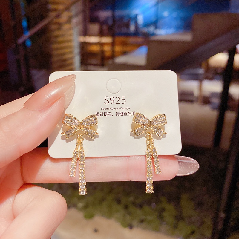 XiaoboACC Anting Tusuk Silver S925 Desain Pita Rumbai Hias Berlian Untuk Wanita