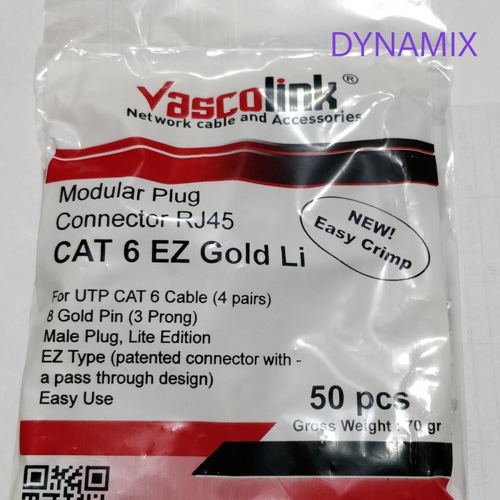 Konektor Vascolink RJ45 UTP Cat.6 Gold EZ LITE - Anti Gagal Cat6 | Connector RJ 45