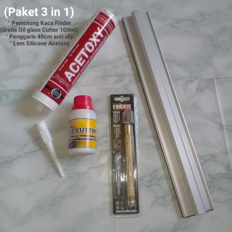 

Paket Lem silicone Acetoxy,Penggaris Anti slip & Pemotong Kaca Finder (Gratis Oil glass 100ml)Tajam