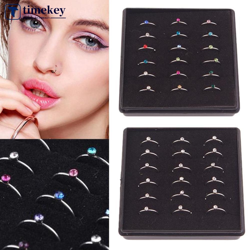 Timekey 18Pcs Anting Tindik Hidung Bahan Surgical Steel Hias Kristal F9O4