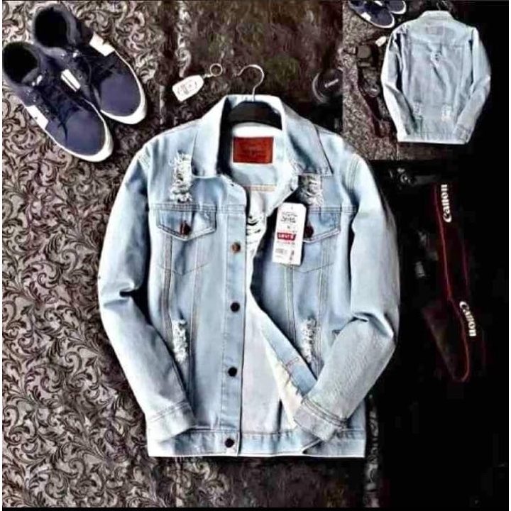 Dfour Jaket Jeans Pria Sobek Size M L XL Jaket Jeans Ripped Pria