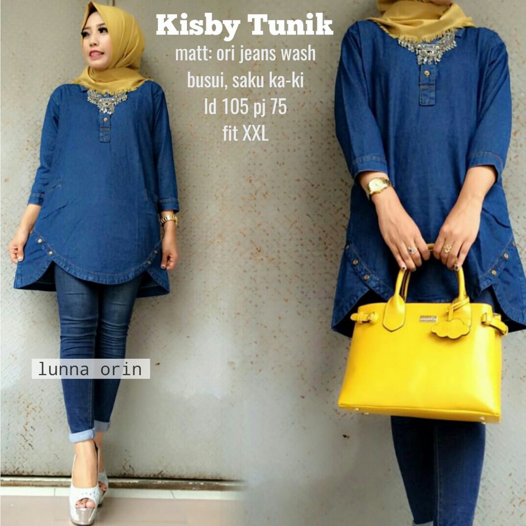 atasan muslim kisby tunik jeans wash dark navy HELBY kekinian murah