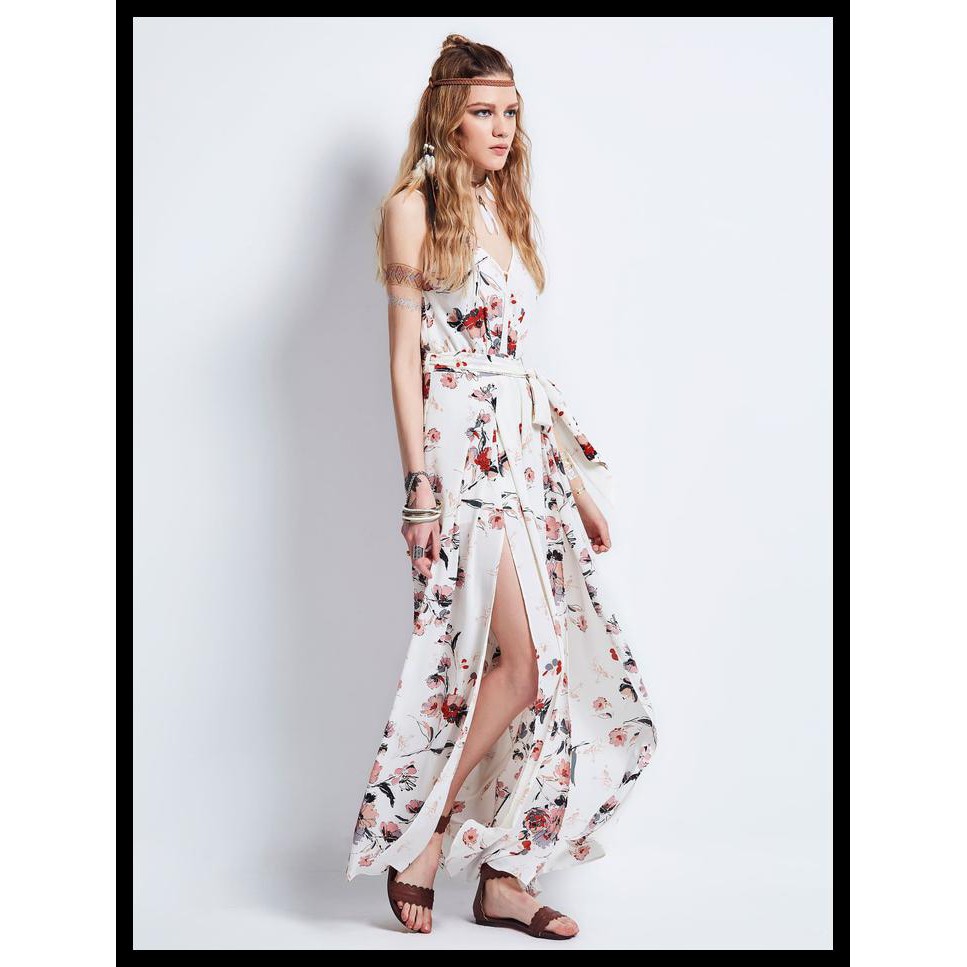 NEW PRODUK FASHION WANITA !!! LONG JUMPSUIT DRESS SEXY SPLIT MOTIF FLORAL PANTAI BOHO BOHEMIAN KOREA