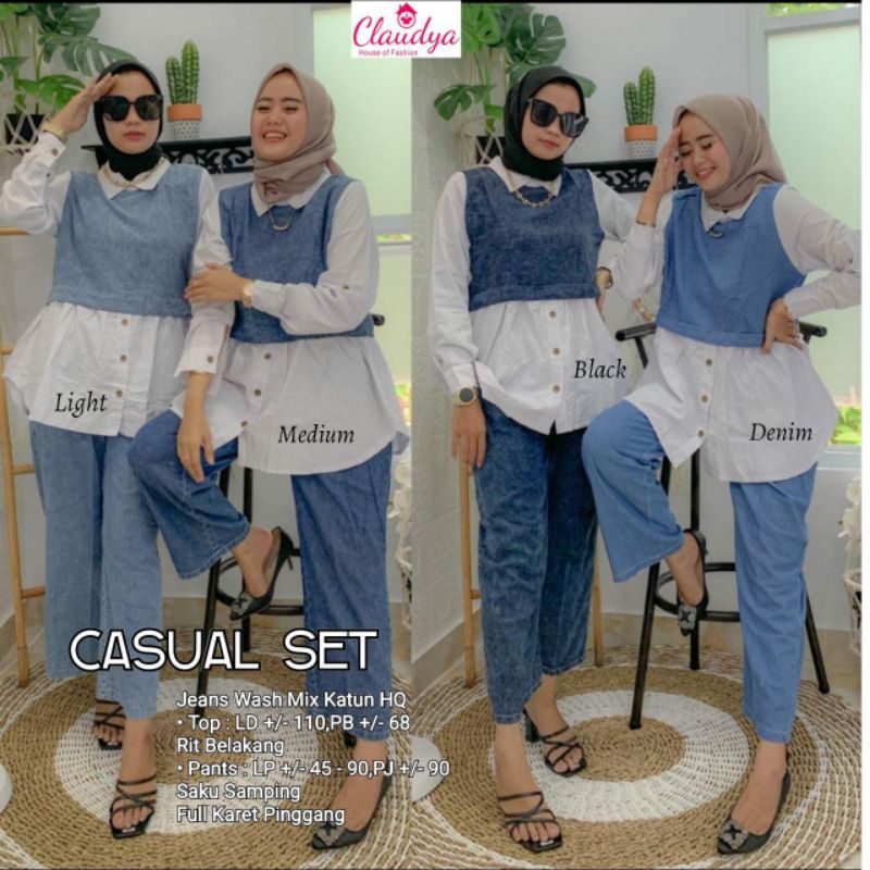 casual set Claudya / Indira set Nania / setelan wanita jeans kombinasi katun / alma set