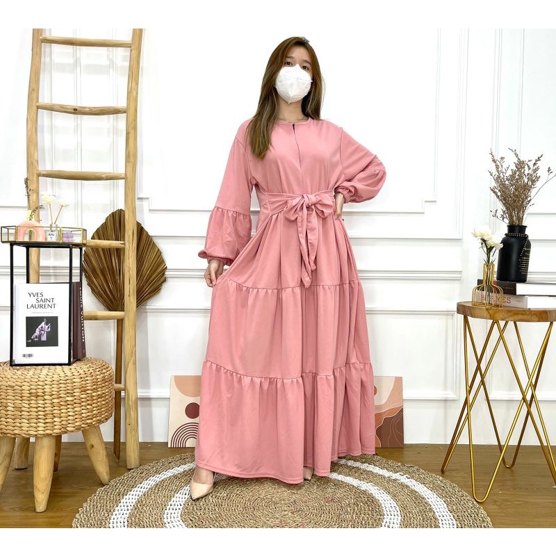 Gamis Busui Model Tali Pinggang Pita Motif Polos Bahan Voxy Merk Cocobee