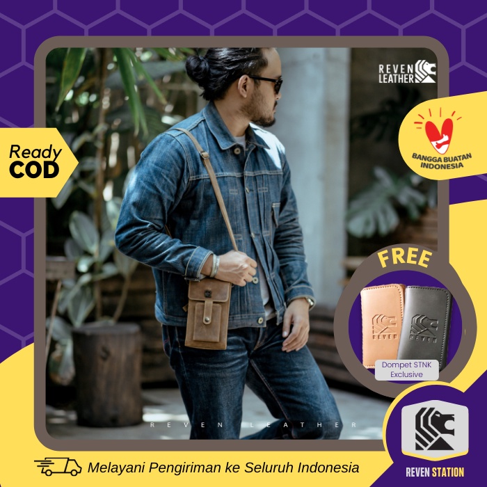Tas Selempang Slempang Bahu Pria Cowok Kecil Mini HP Smartphone Bag Reven Mustang Kulit Sapi Asli Ke