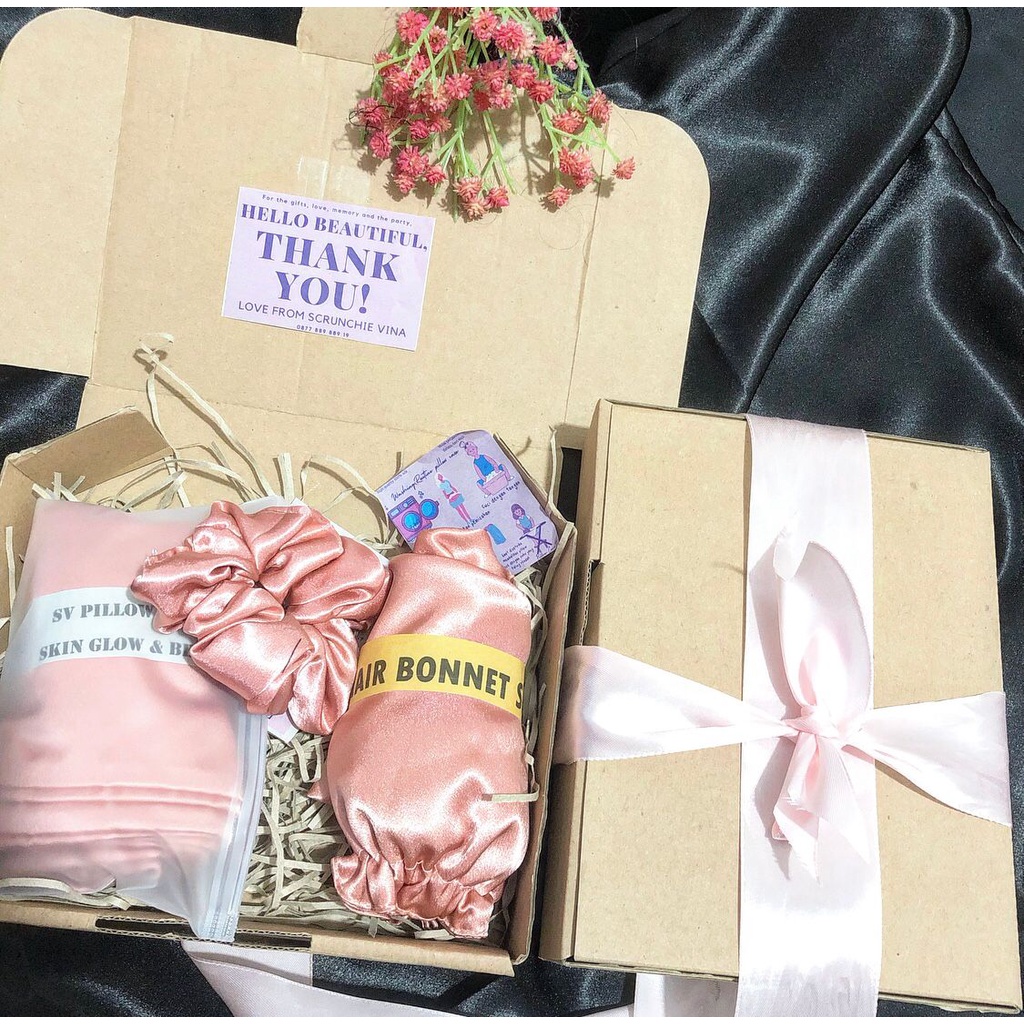 Sarung Bantal silk + hair bonnet silk + scrunchie silk bundle isi 3 pcs satin silk SV