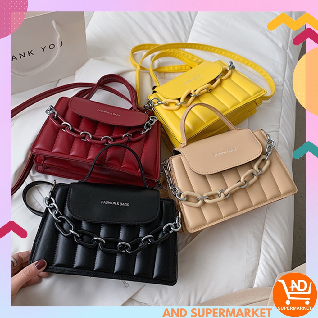 AND COD Tas Selempang Fashion Wanita Bahan Kulit PU Dengan 2 Tali Rantai Style Korea T225