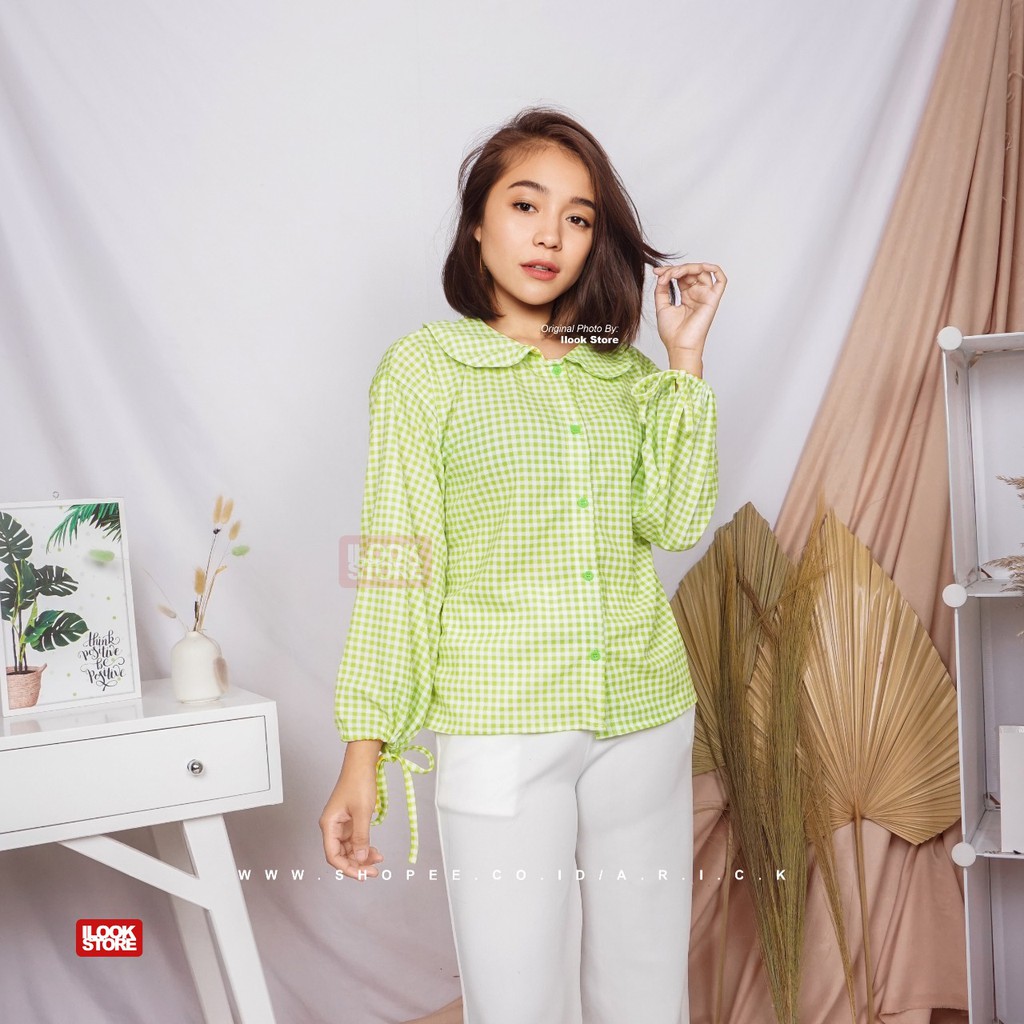 ilook | Blouse Zashi | Blouse Wanita Motif Kotak Bahan Creepe - Fit to L-ZASHI - HIJAU