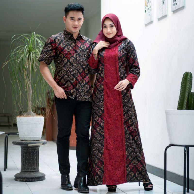 Batik Couple Gamis Brukat kombinasi batik Soga 2564