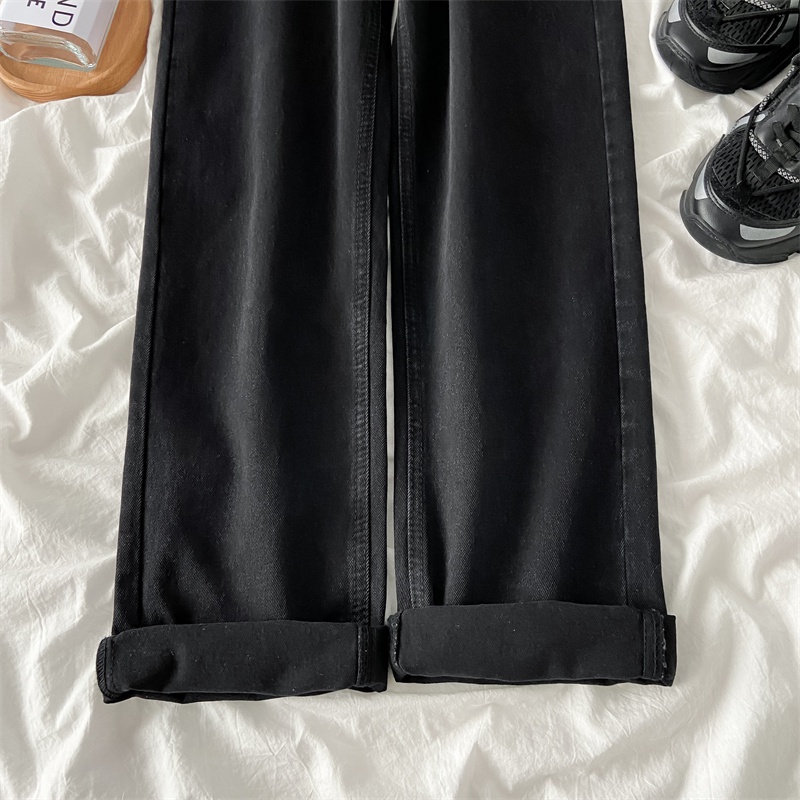 Kelabu Hitam Classic High Waist Straight Loose Kasual Celana Jeans Panjang  Wanita