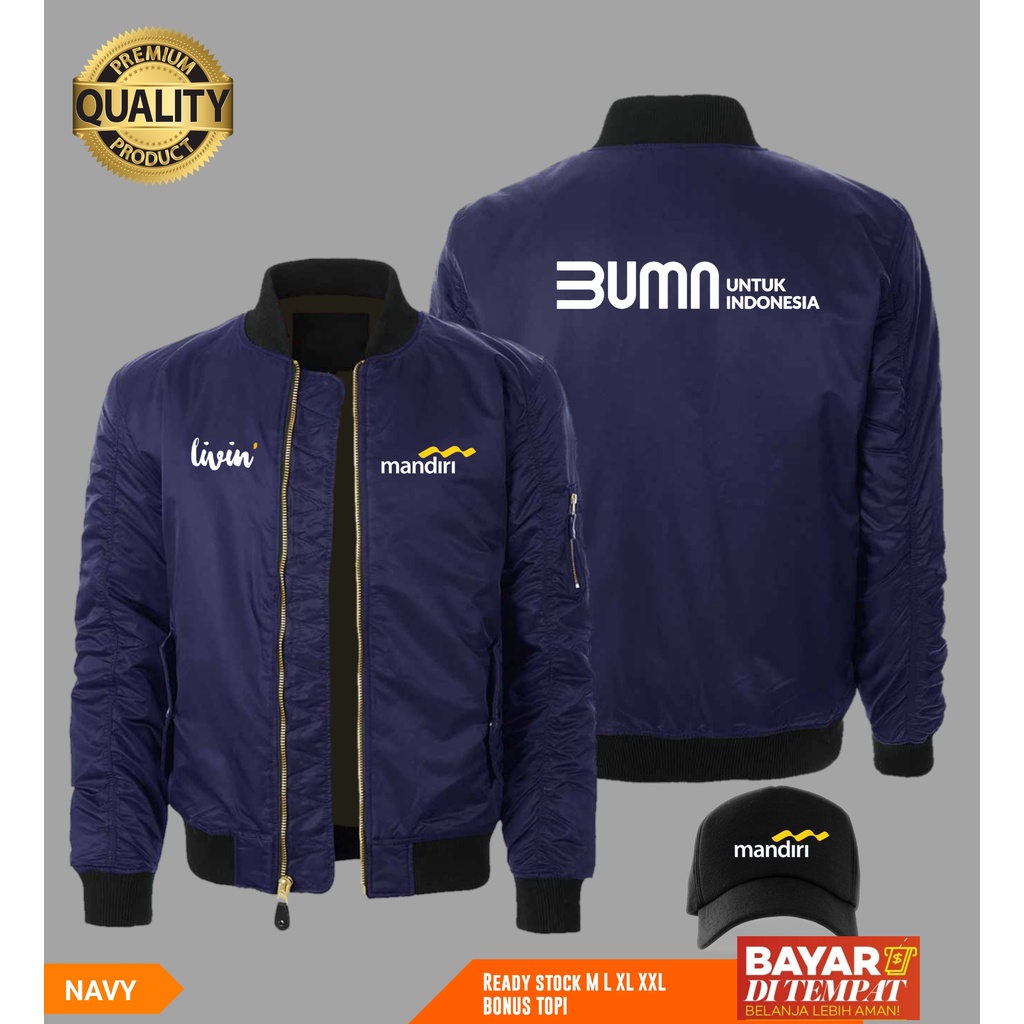 Jaket Bomber Logo Livin Bank Mandiri Free Topi