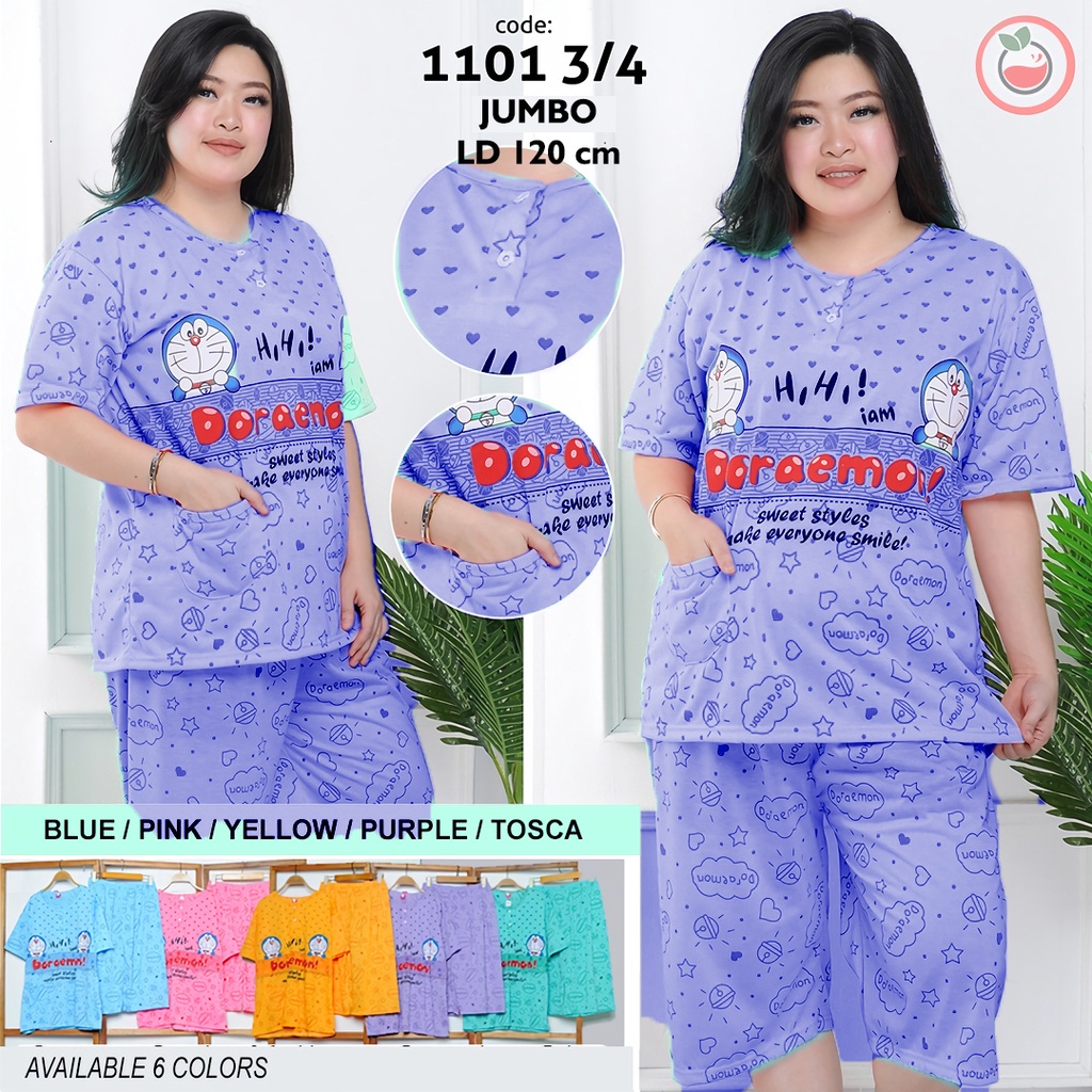 Lilipop.id  Baju Tidur Wanita Doraemon 3/4 Jumbo Celana Pendek XXXL Baby Doll Bahan Kaos