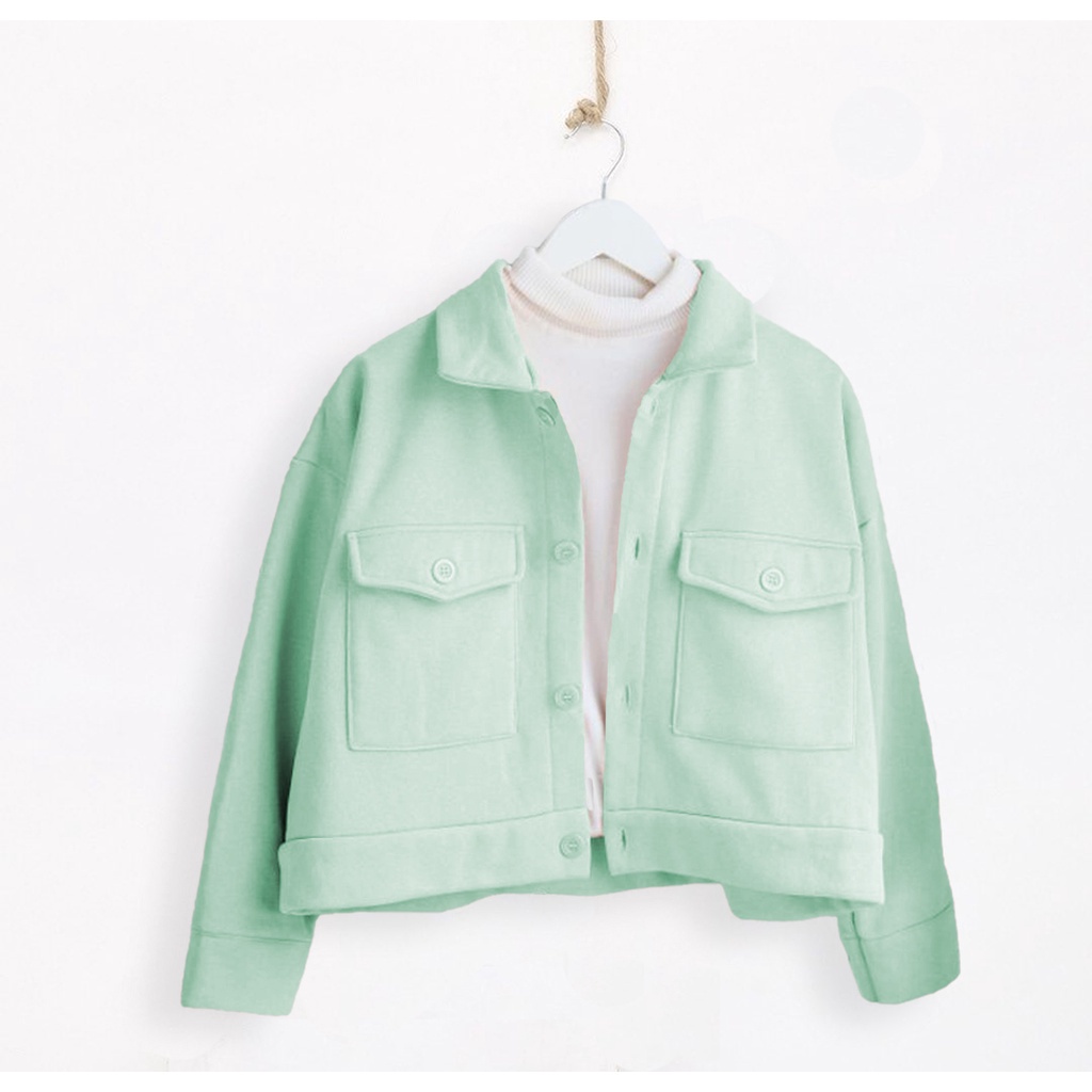 Jaket Wanita Button Outer Jaket Modis Wanita Musim semi Longgar Solid Fashion Korea Untuk Sehari har-Jacket Poket Mint