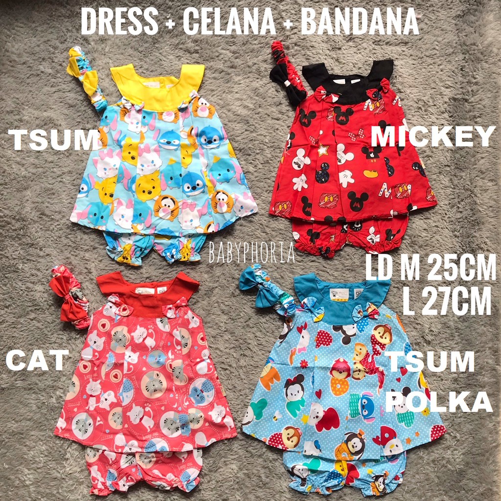 Dress Bayi / Setelan Dress Bayi Perempuan dengan Bandana / Bando Hoshi motif Cute