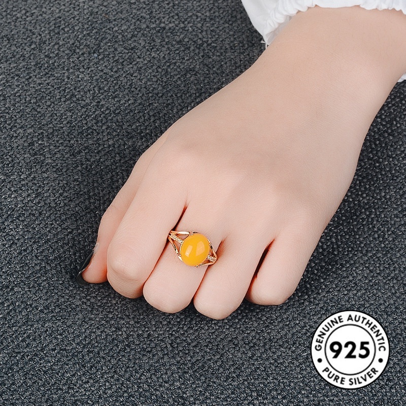 Cincin Lapis Silver S925 Model Terbuka Aksen Batu Permata Kuning Untuk Wanita