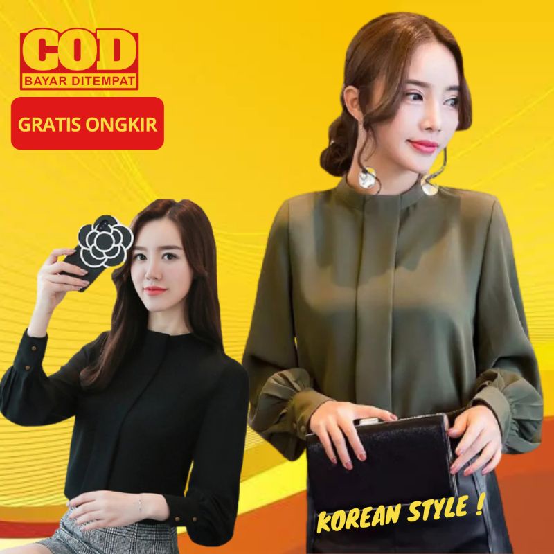Blouse Wanita Lengan Panjang Variasi Lipatan Baju Atasan Korean Style - HARINA-1