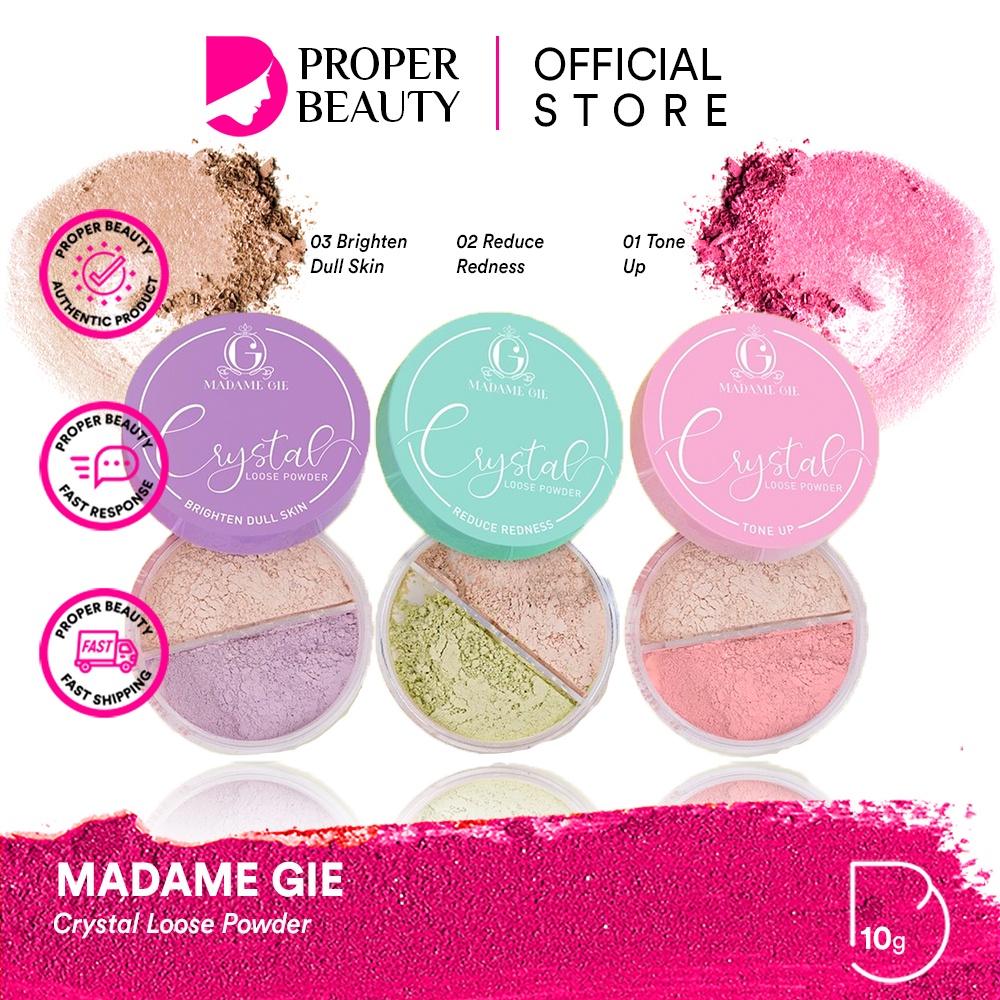 MADAME GIE Crystal Loose Powder Indonesia / Bedak Tabur Primer BB Foundation Lipstick Eyeshadow Blush On Eyeliner Eyebrow Mascara Lipstick Lip Matte Gloss Balm Kutek / Facial Wash Toner Essence Serum Sunscreen Moisturizer Cream Mask Masker / Lipill Paket