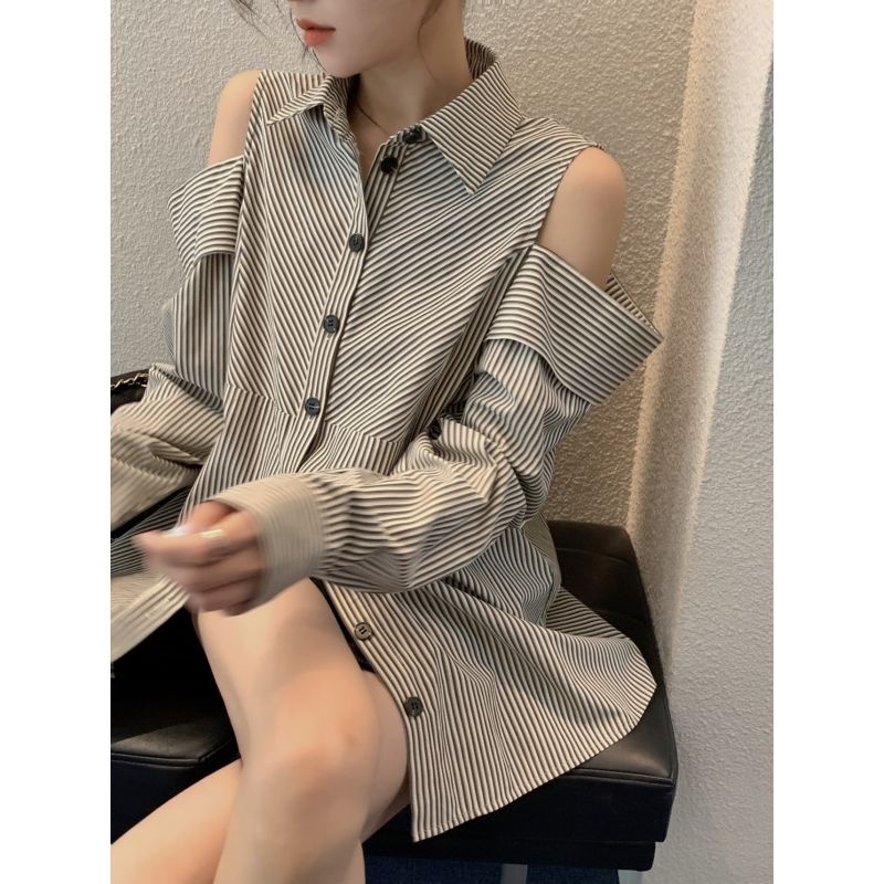 FF BIRU Wang kemeja goreng high-end desain niche bergaris malas gadis Korea kemeja wanita lengan panjang off-the-shoulder top